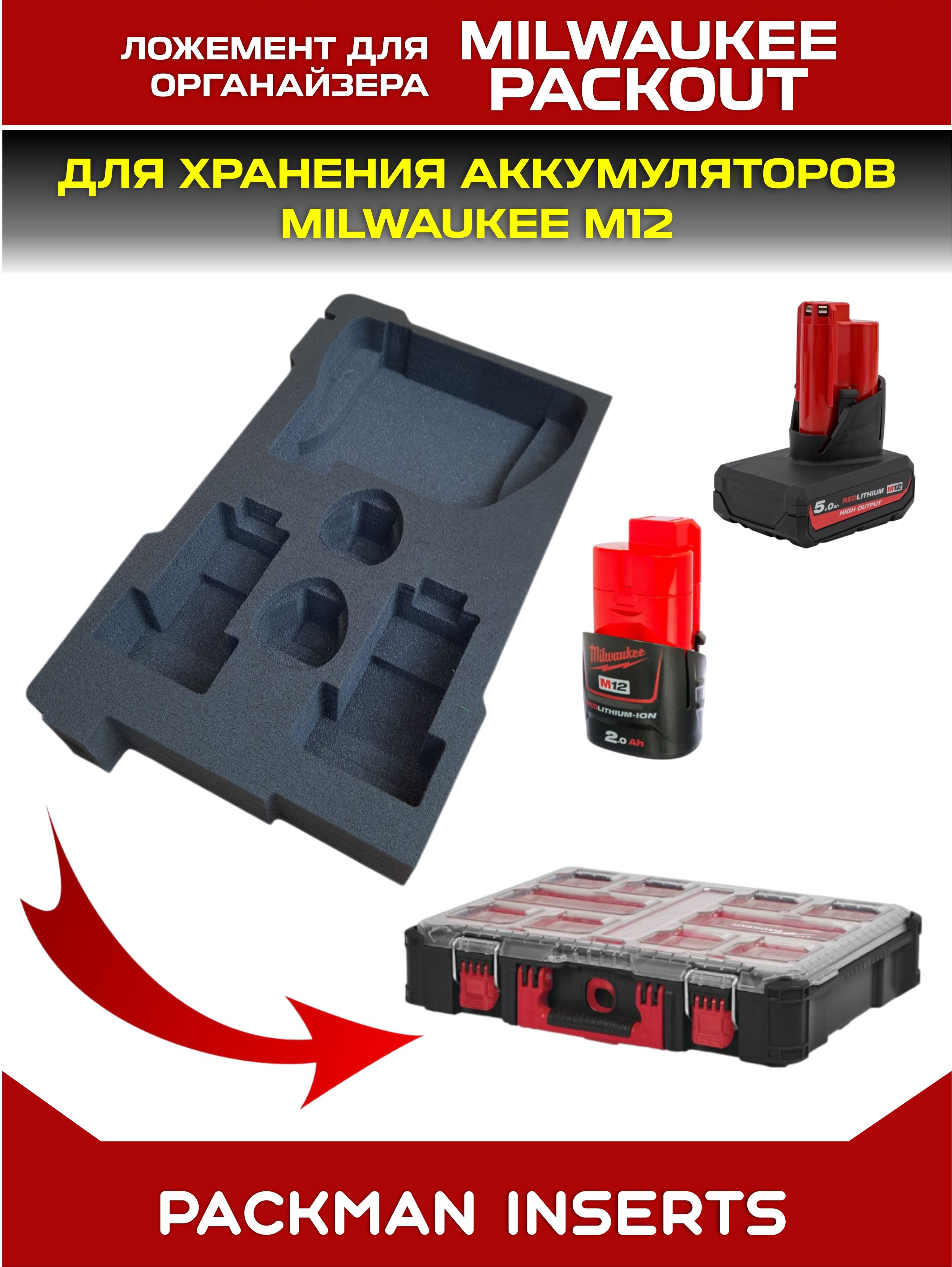 #set3 Ложемент для хранения аккумуляторов М12 в большом органайзере MILWAUKEE PACKOUT