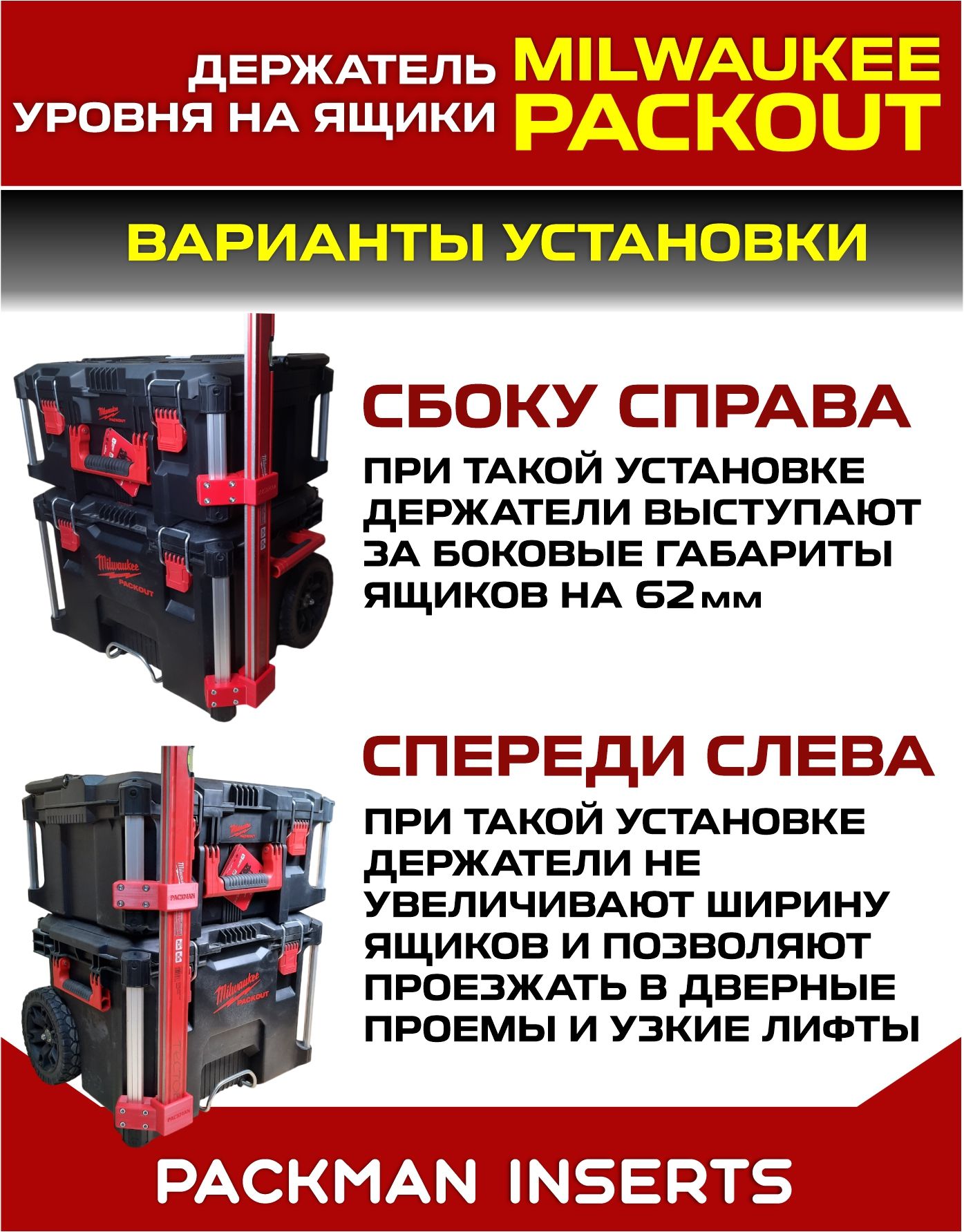 Быстросъемные держатели уровней на ящики MILWAUKEE PACKOUT SET 3