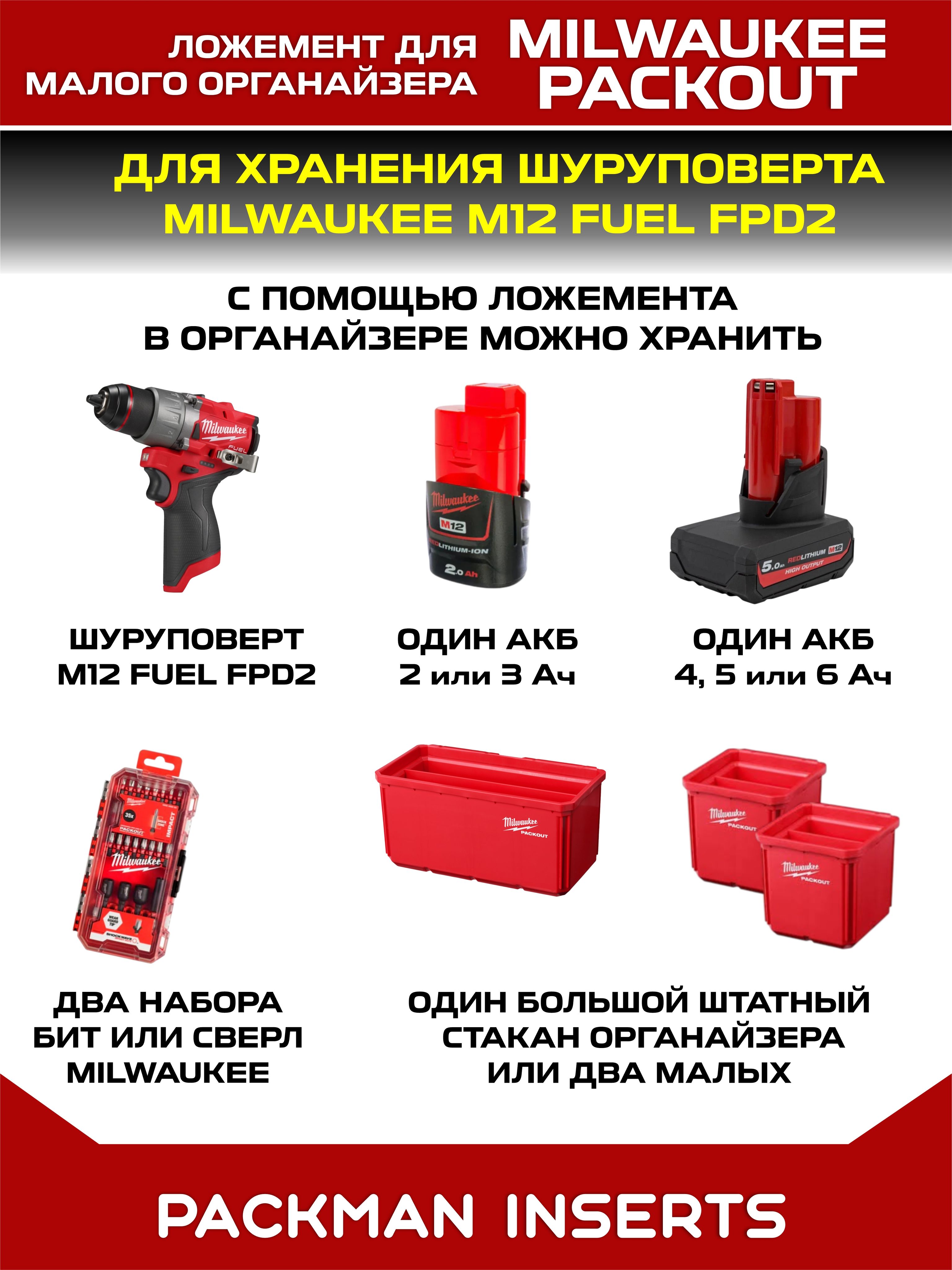 Ложемент для хранения шуруповерта MILWAUKEE M12 FUEL FPD2 в малом органайзере MILWAUKEE PACKOUT